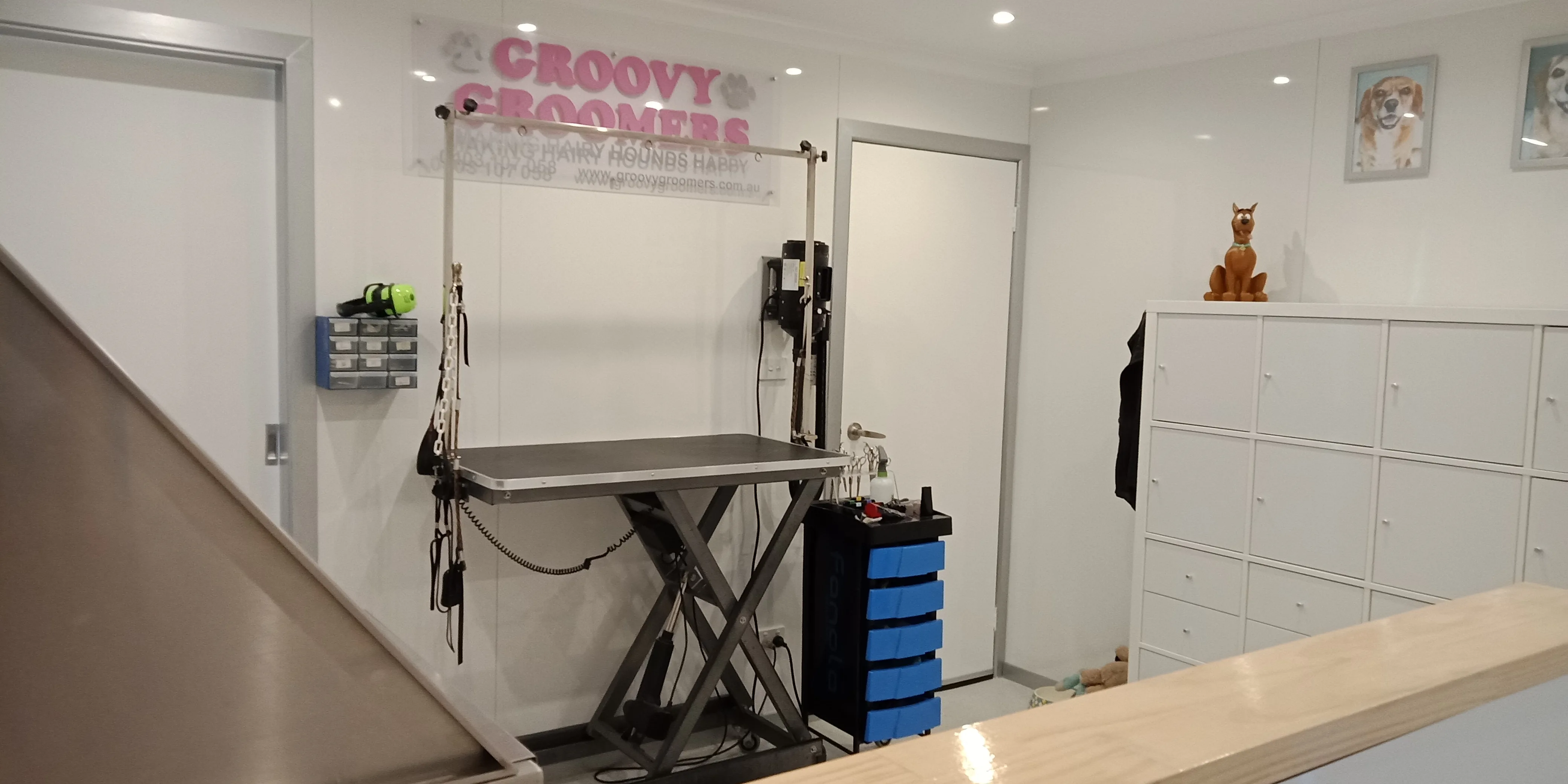 The bright Groovy Groomers salon &mdash; hydraulic grooming table, Scooby figurine, framed dog portraits on the wall, white storage cubbies and timber reception bench
